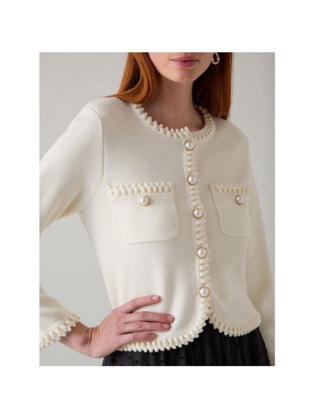 Cream Pearl-Trim Knit Cardigan Sweater